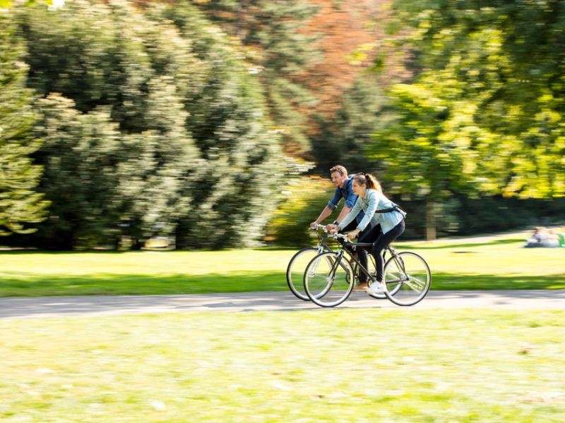 Zwei Radler:innen fahren durch den sonnigen Park, seitliche Ansicht
