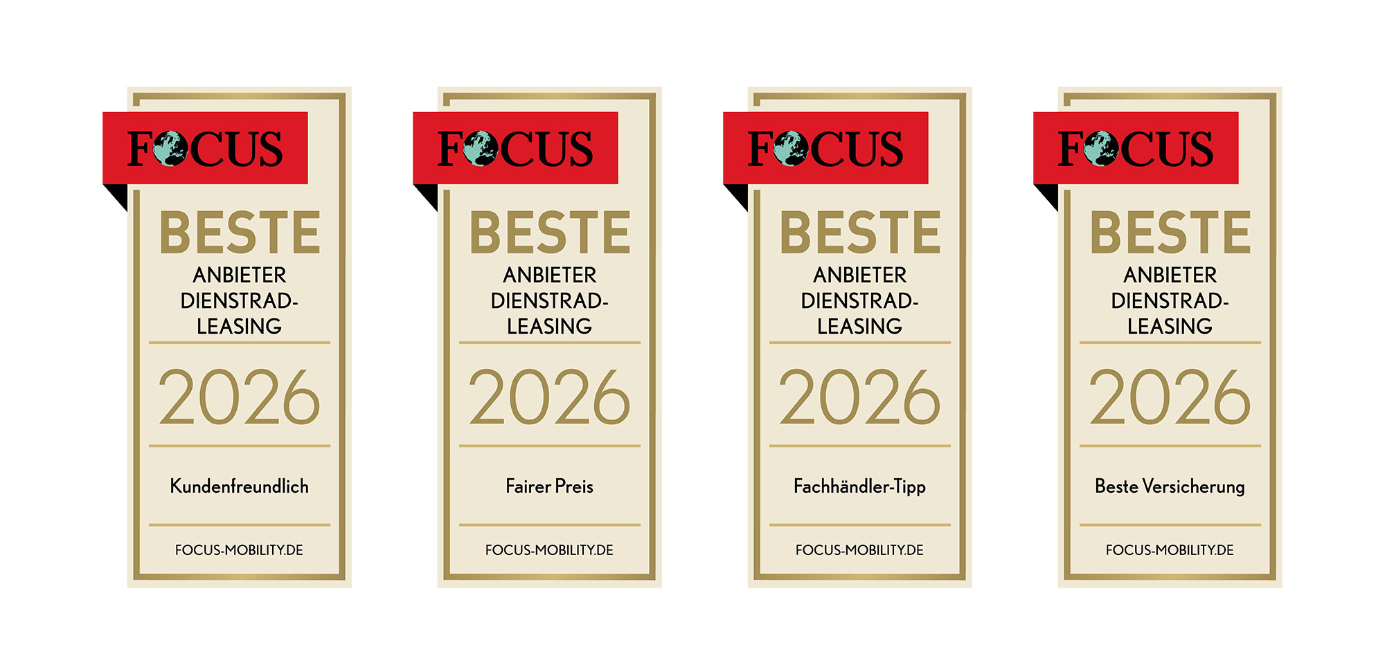 FOCUS Testsieg für JobRad in den Kategorien Kundenfreundlich, Fairer Preis, Fachhändler-Tipp, Beste Versicherung